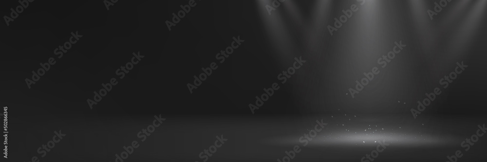 Dark gray backdrop shooting set stage with spotlights and light sparkles for website banner, product presentation, callout text announcements and elemental design showcase