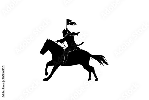 Film Reel with Horse Knight Silhouette, Medieval Warrior Horseback bring War Banner Flag for Epic Colossal Movie Cinema Production logo design © Sariyah