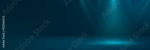 Dark blue backdrop shooting set stage with spotlights and light sparkles for website banner, product presentation, callout text announcements and elemental design showcase