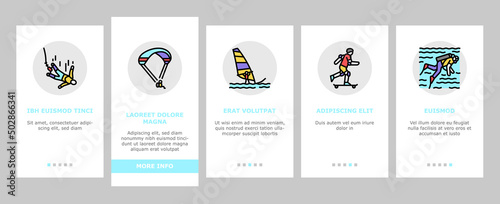Extreme Sport Sportsman Activity Onboarding Mobile App Page Screen Vector. Bungee Jumping And Motocross, Wakeboarding And Ice Climbing, Skiing Windsurfing Extreme Sport. Sportive Active Illustrations