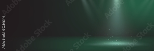 Dark green backdrop shooting set stage with spotlights and light sparkles for website banner, product presentation, callout text announcements and elemental design showcase