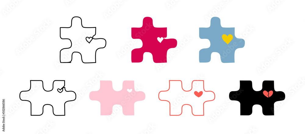 Set of various jigsaw puzzle pieces with little hearts in flat style for marriage therapy website or invitation design Set of various jigsaw puzzle pieces with little hearts in flat style for marriage therapy website or invitation design