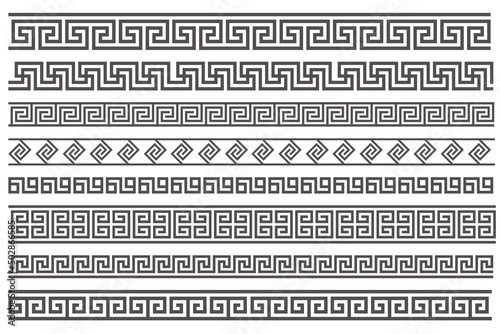 Greek style seamless frames. Geometric border set. Vector ornament pattern. Mediterranean decor elements.