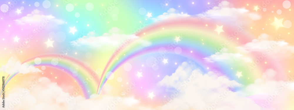 Holographic fantasy rainbow unicorn background with clouds. Pastel color sky. Magical landscape, abstract fabulous pattern. Cute candy wallpaper. Vector.