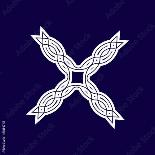 Single white ribbon pattern isolated on beautiful dark purple background. Decoration, mandala, logo, icon, starfloake, ornament, etc.