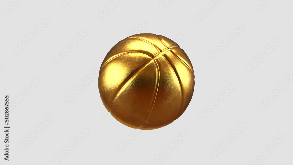 The golden basketball floats in the air. 3D rendering of a basketball with gold foil on it. Promotion of a sporting event or basketball game.
