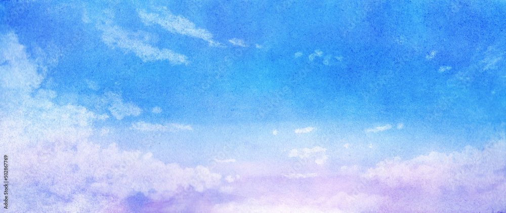 水彩で描いた朝焼けの空の風景イラスト	