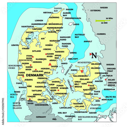 Map of Denmark, a European country, with all the states, river and water bodies marked photo