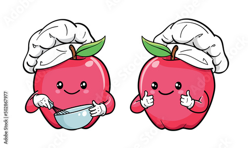 Cute apple cartoon character wearing chef's hat