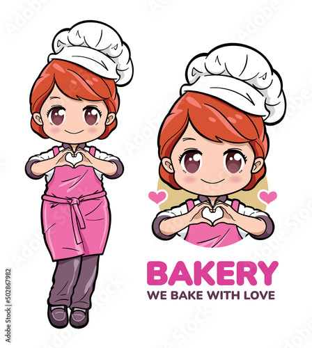 Cute bakery chef gesturing heart symbol by hands