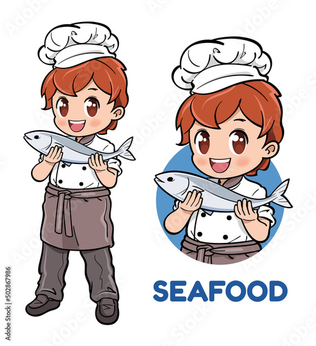 Cute male seafood chef holding a fish