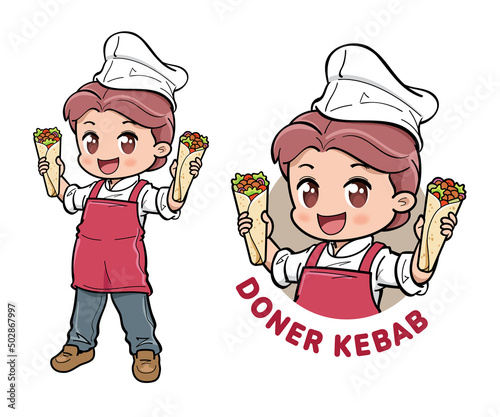 A cute male chef holding doner kebab, a Turkish dish