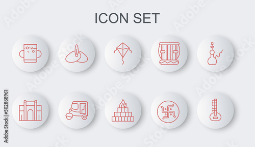 Set line Sitar, India Gate in Delhi, Kite, Hindu swastika, Cup of tea and leaf, Indian headgear turban, Taxi tuk tuk and Yagna icon. Vector