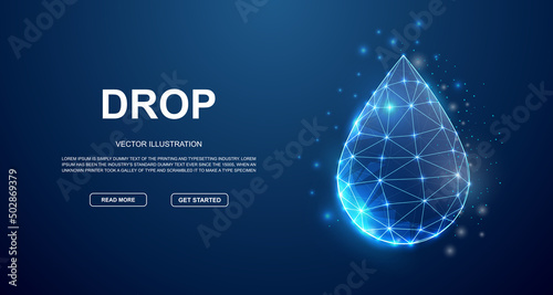 Water drop 3d low poly symbol with connected dots for landing page. Droplet, raindrop design illustration concept. Polygonal Oil drop illustration