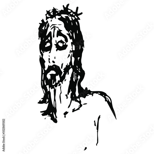 Sad Jesus Christ wearing crown of thorns. Exhausted young man. Hand drawn linear doodle rough sketch. Black silhouette on white background.