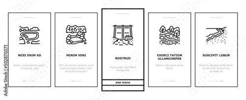 River And Lake Nature Landscape Onboarding Mobile App Page Screen Vector. River Mouth And Delta, Sea Shore And Pond In Forest, Aqueduct Construction Dam. Waterfall And Water Reservoir Illustrations