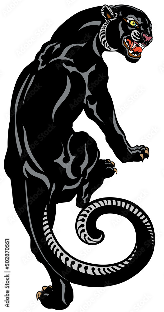 Aggressive panther climbing up. Angry black leopard. View from the back and  head turned. Tattoo style vector illustration Stock Vector | Adobe Stock