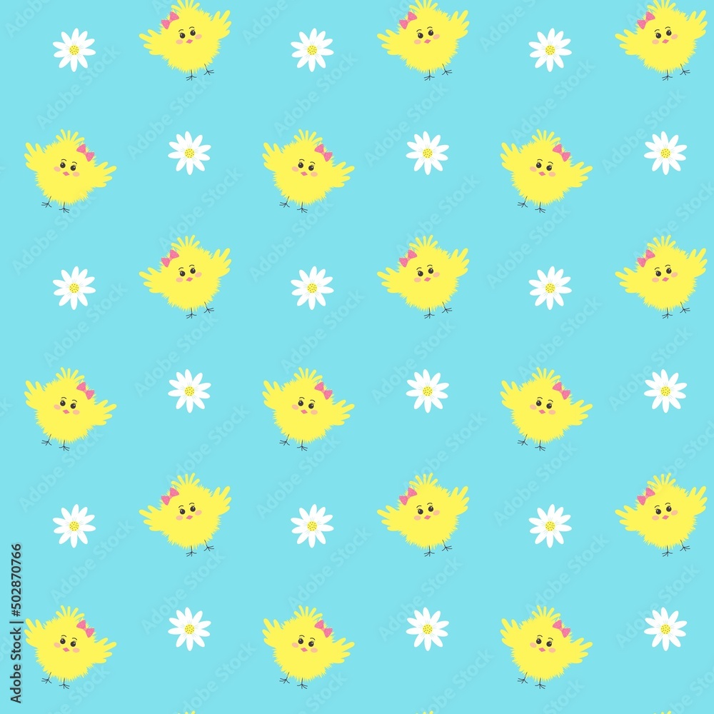 Seamless pattern with cute yellow chick and daisy flowers. Print for children's clothing, wallpaper, backgrounds, wrapping paper, package, covers.