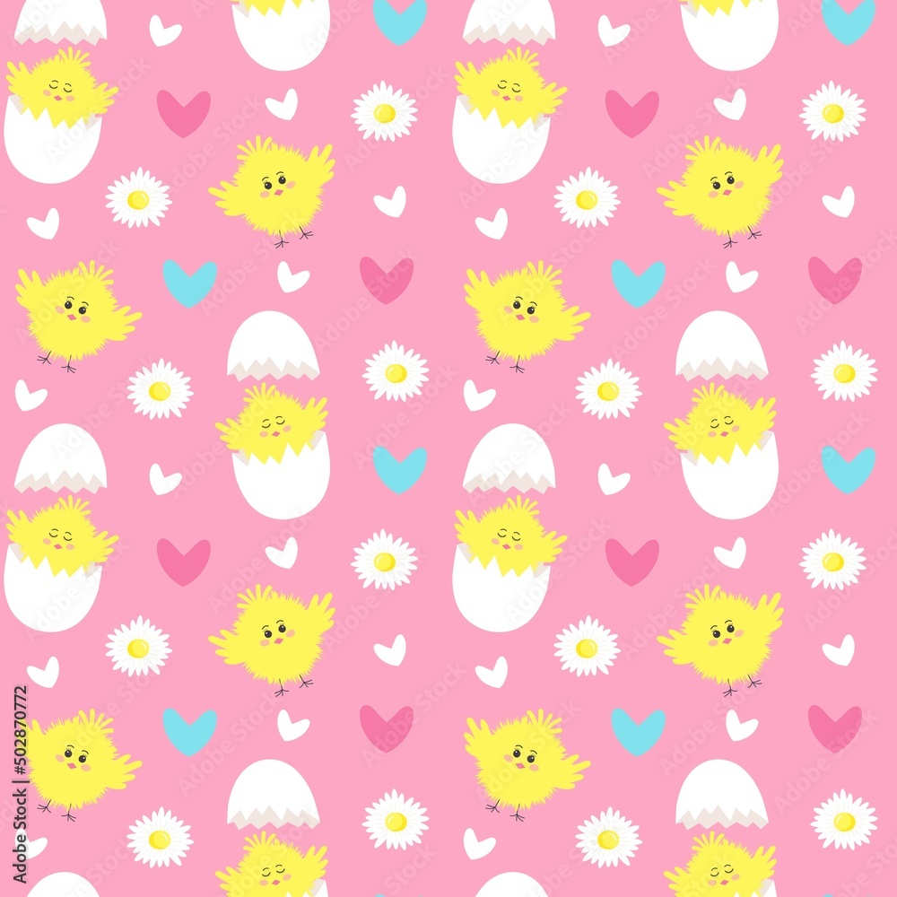 Seamless pattern with cute yellow chickens, egg, daisy flowers and hearts. Print for children's clothing, wallpaper, backgrounds, wrapping paper, package, covers.