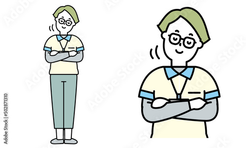 腕組みしてうなずいているユニフォームを着た女性の介護士の全身イラスト素材。
