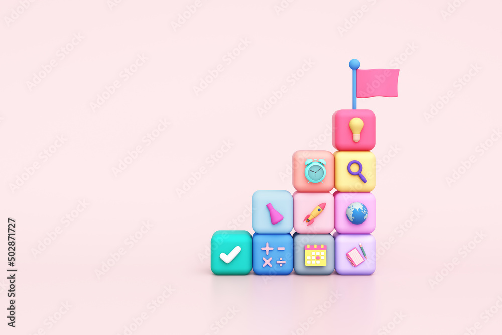 object block step stair children theme small toys flag learning future kids pastel colorful creative education of school success study time management idea imagination. clipping path. 3D Illustration.