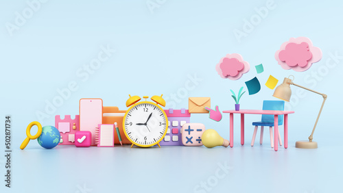 Fototapeta Naklejka Na Ścianę i Meble -  desk work at home or at office online time manage study schedule. business education with stationery are floor lamp, smartphone, calendar, notebook and clock object colorful pastel. 3D illustration.