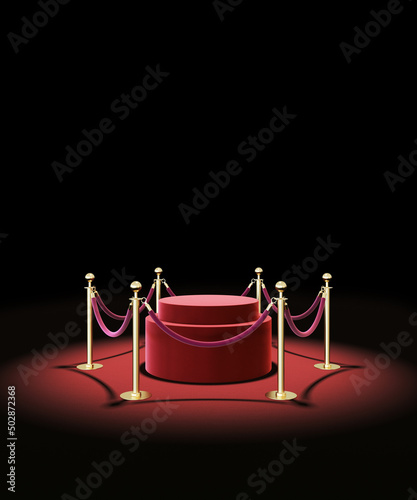 Stand podium display product red velvet carpet rope fence golden luxury elegant. spotlight showcase fashion cosmetics skincare or beauty high-end. stage awards black backdrop. 3D Illustration.