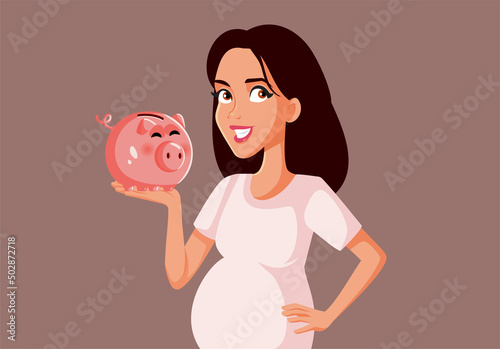 Pregnant Woman Holding Piggy Bank Vector Cartoon Illustration