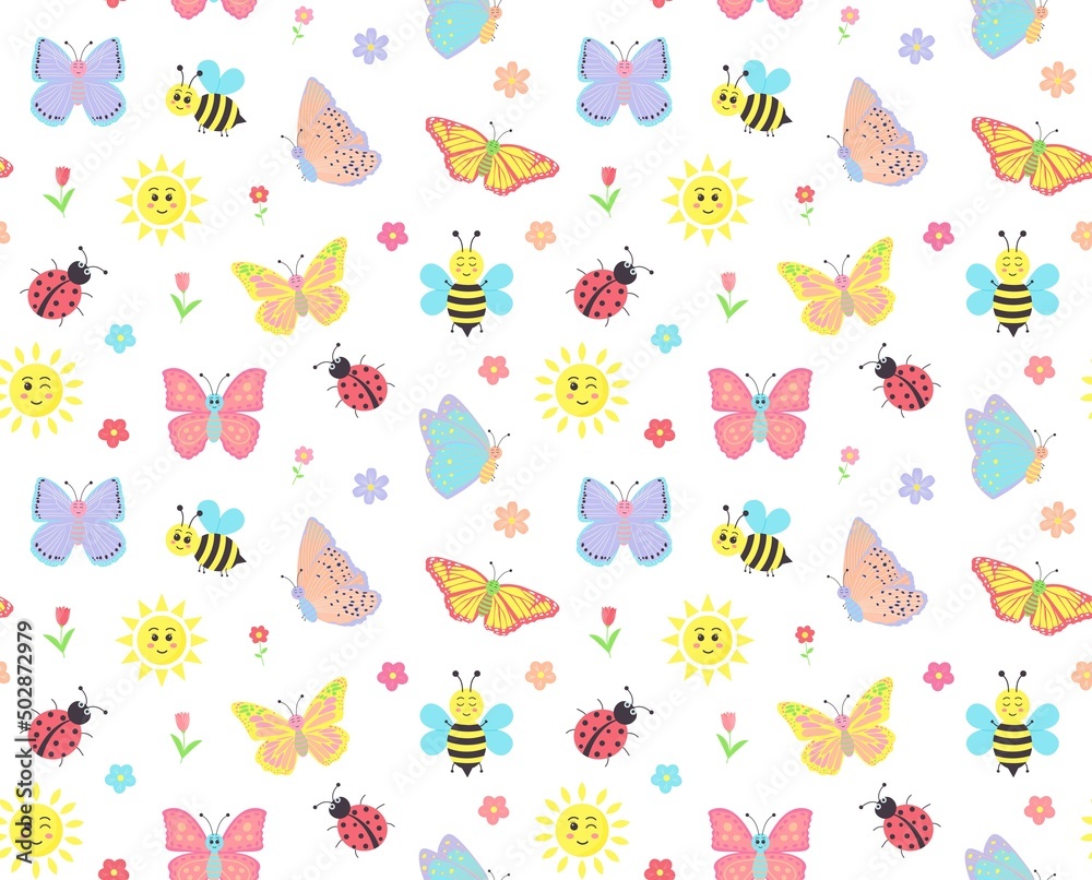 Colorful cartoon butterflies, bees, suns, ladybugs and flowers seamless pattern. Summer or spring concept. Colorful cartoon butterflies, bees, suns, ladybugs and flowers seamless pattern. Summer or spring concept.