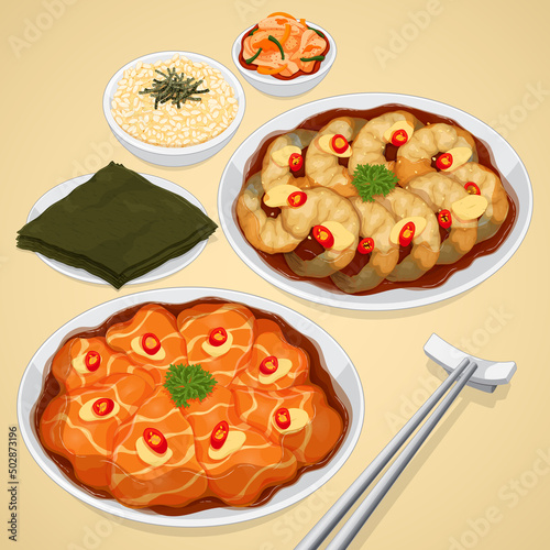 Korean soy marinated salmon and shrimp menu illustration vector.