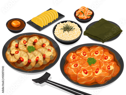 Korean soy marinated salmon and shrimp menu illustration vector.