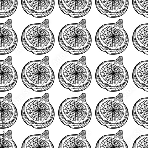 Half fig seamless vector pattern. Sketch of ripe garden fruit with tasty pulp, seeds. Monochrome outline of vegetarian plant. Slice of exotic dessert. Hand drawn botanical background