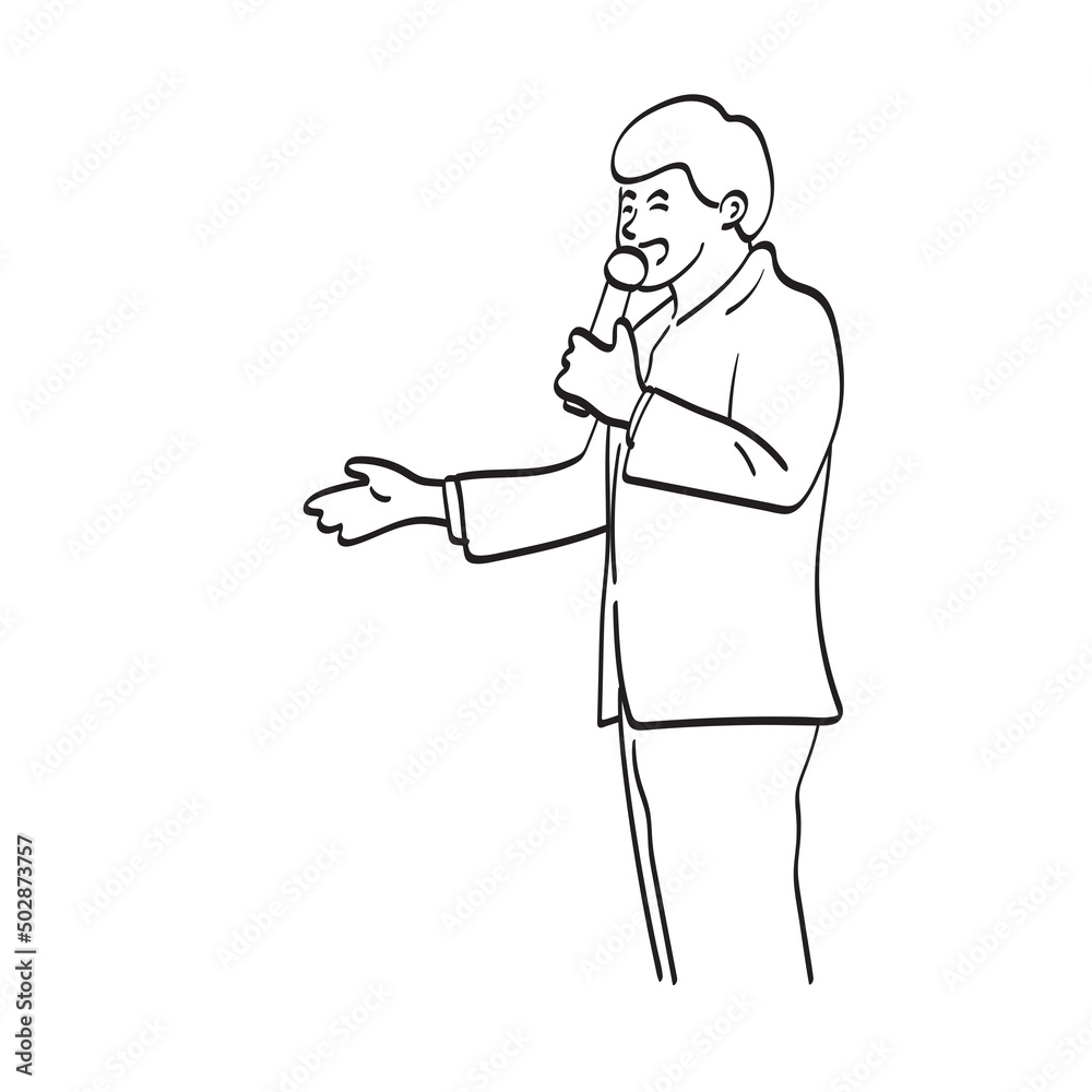 businessman speaking with microphone presenting copy space illustration vector hand drawn isolated on white background line art. businessman speaking with microphone presenting copy space illustration vector hand drawn isolated on white background line art.
