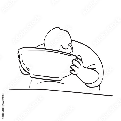 fat man drinking soup from big bowl illustration vector hand drawn isolated on white background line art.