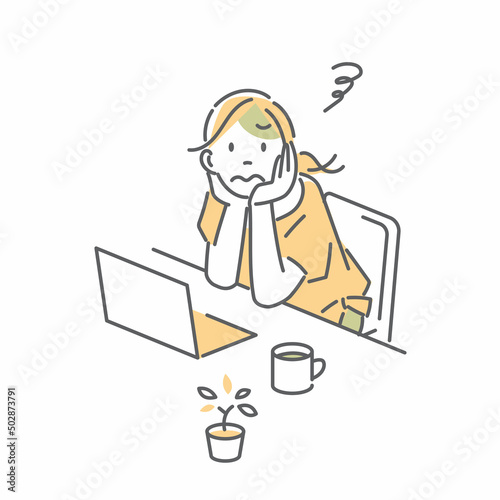自宅でパソコン作業をする女性　シンプルでお洒落な線画イラスト