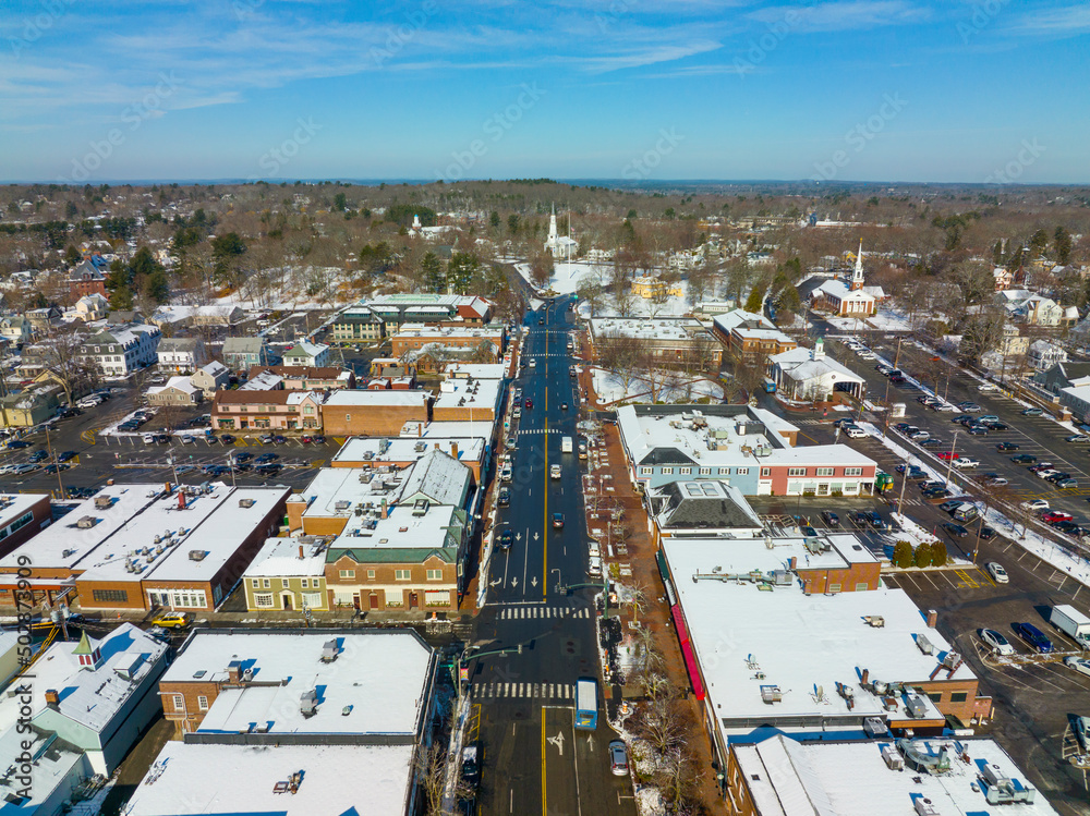 Lexington historic town center aerial view on Massachusetts Avenue in winter with Lexington Common and First Parish Church on the background in town of Lexington, Massachusetts MA, USA. 