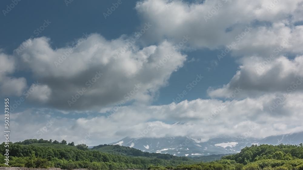 Fototapeta premium The top of the volcano is hidden in white cumulus clouds against a blue sky. Snow is visible on the slopes. Lush green vegetation in the valley. Kamchatka. Stratovolcano Vilyuchinsky