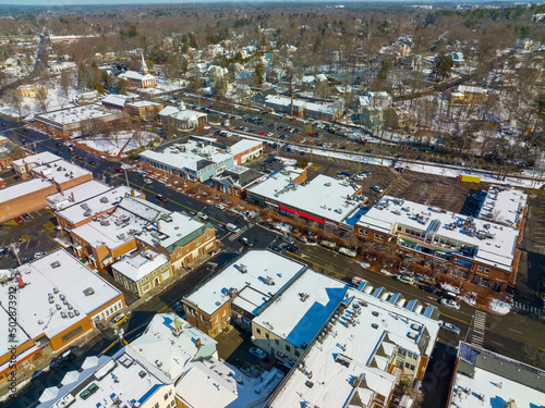 Lexington historic town center aerial view on Massachusetts Avenue in winter in town of Lexington  Massachusetts MA  USA. 