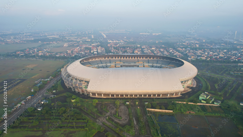 Aerial view of the Beautiful scenery Gelora Bandung Lautan Api (GBLA) Football or Soccer Stadium
