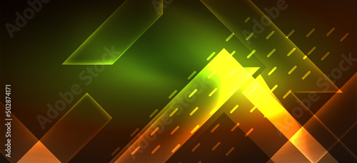 Background neon glowing lines and geometric shapes. Lights in the dark wallpaper for concept of AI technology, blockchain, digital, communication, 5G, science