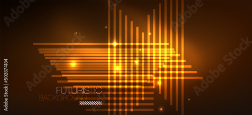 Background neon glowing lines and geometric shapes. Lights in the dark wallpaper for concept of AI technology, blockchain, digital, communication, 5G, science