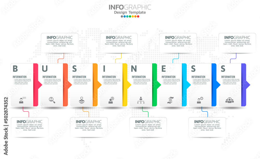 Timeline infographic with 8 steps processes use for presentations.
