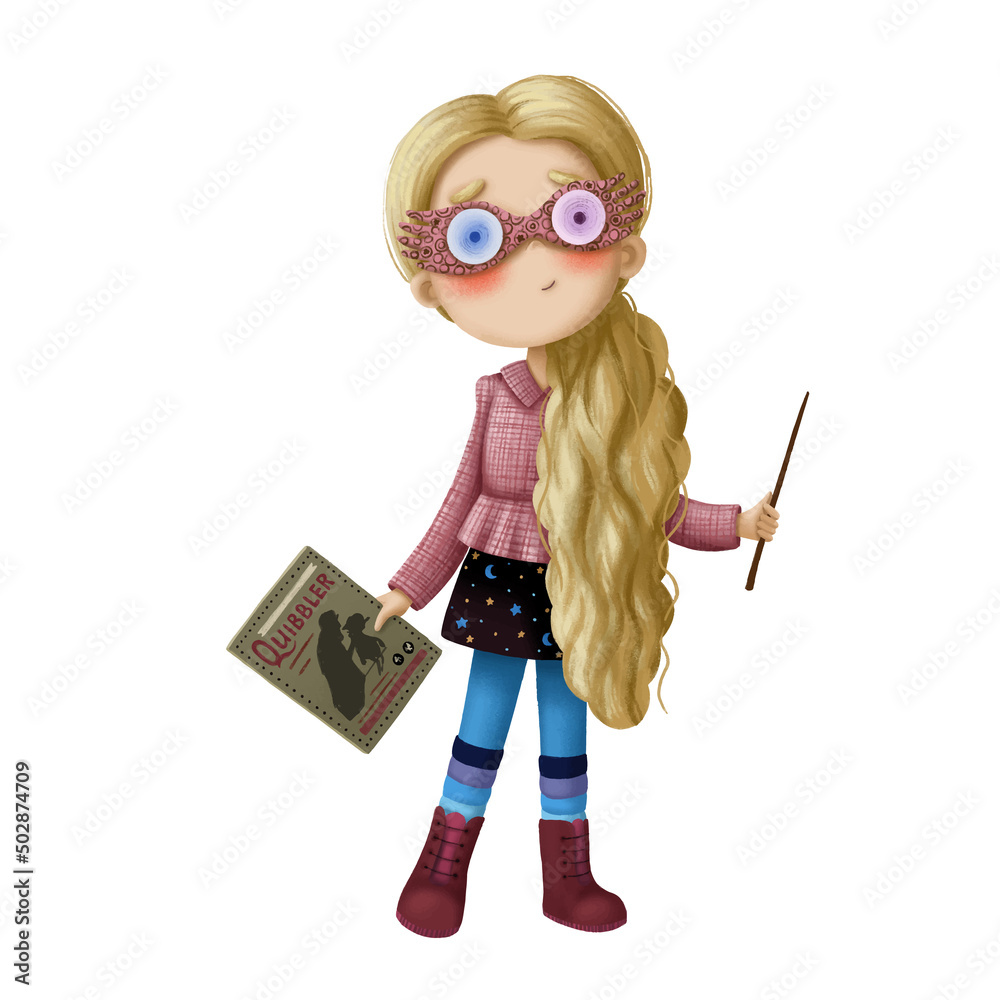 Fototapeta premium A bright picture with a cartoon fairy girl. A cute girl with a magic wand and pink and blue magic glasses