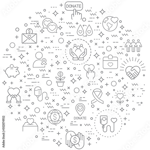 Simple Set of donation and Charity Related Vector Line Illustration. Contains such Icons as blood, heart, save world, love, cross, ribbon, care, volunteer, fund, donor and Other Elements.