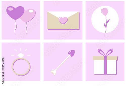 Valentine's day illustration. Set of 6 vector objects. Air balloons, love letter, flower, engagement ring, cupid arrow and a gift. Flat design. All elements are isolated. Square Posters. Romantic 