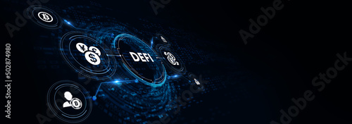DeFi -Decentralized Finance on dark blue abstract polygonal background. Concept of blockchain, decentralized financial system. 3d illustration photo
