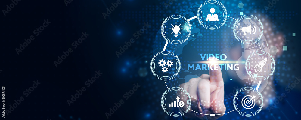 Video marketing and advertising concept on screen. Business, Technology, Internet and network concept. Video marketing and advertising concept on screen. Business, Technology, Internet and network concept.