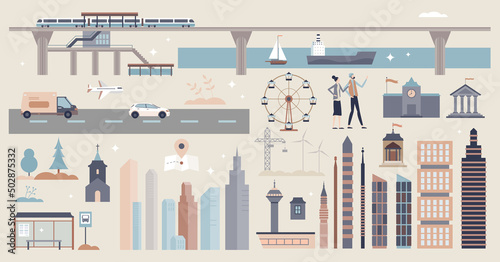Infrastructure set with facilities and transportation elements tiny person collection. Modern city architecture and building items vector illustration. Road, sea and air transport mini scenes assets.