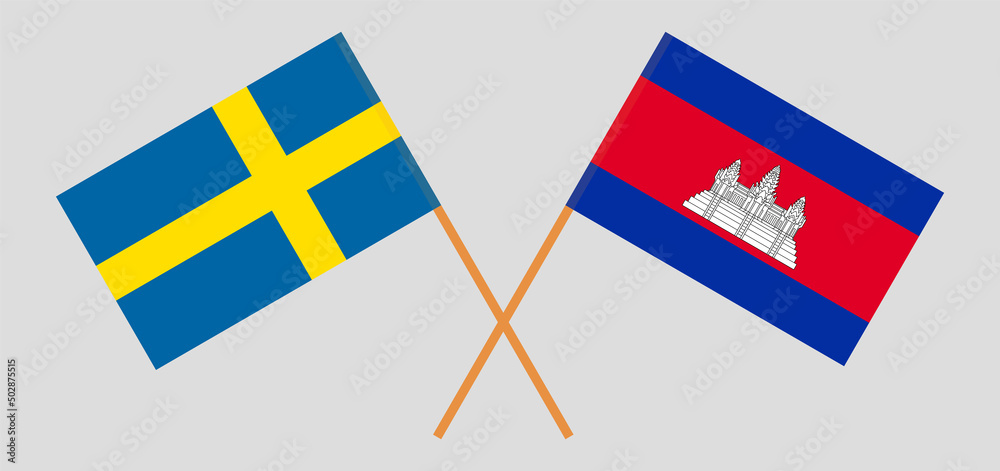 Crossed flags of Sweden and Cambodia. Official colors. Correct proportion