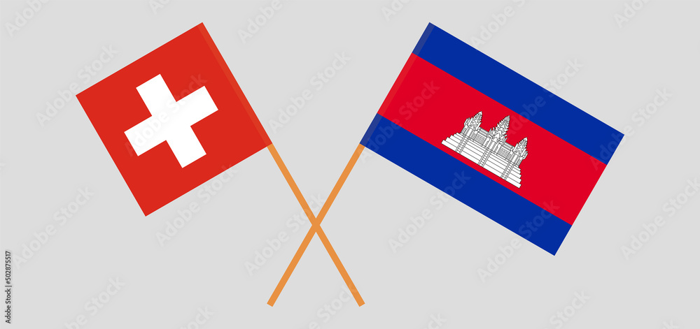 Crossed flags of Switzerland and Cambodia. Official colors. Correct proportion